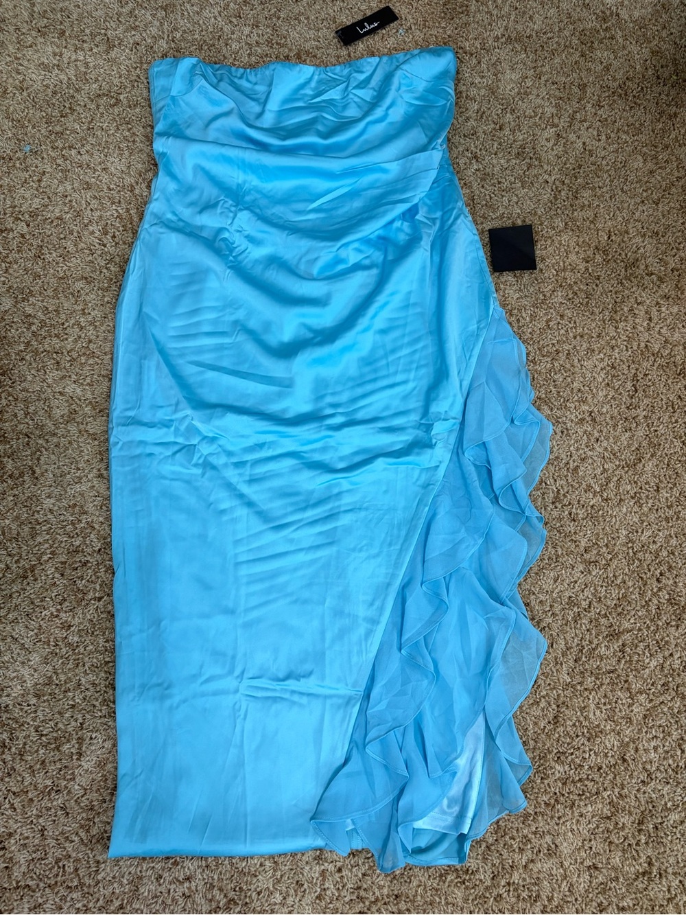 NWT Lulu’s size XXL teal blue strapless satin midi dress with ruffle